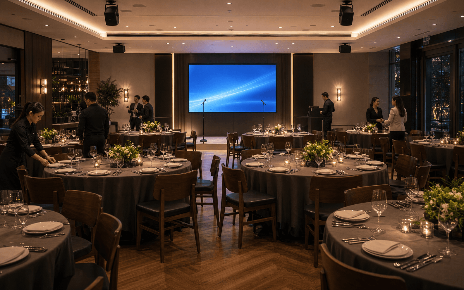 Event-ready зона ресторана с банкетной рассадкой, экраном и микрофонами