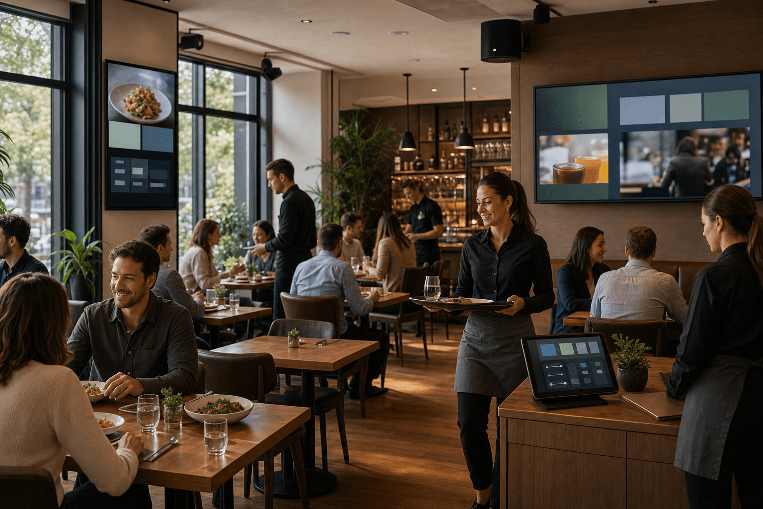 Restaurant service scene with screens sound equipment and staff operation
