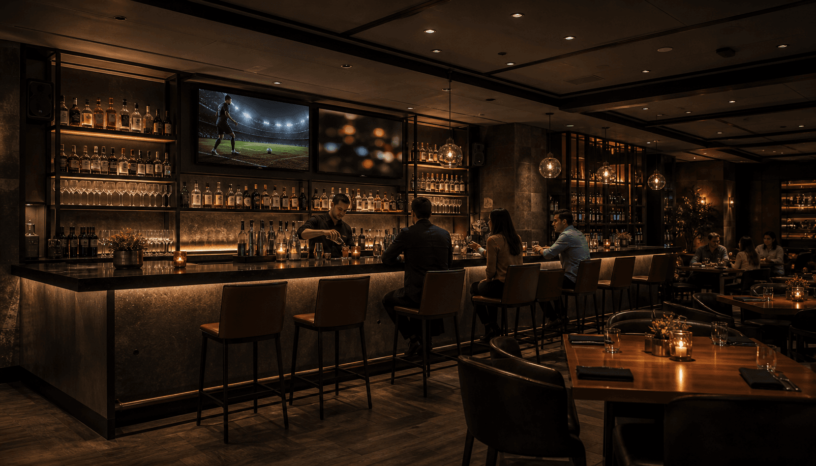 Restaurant bar zone with integrated screens and sound