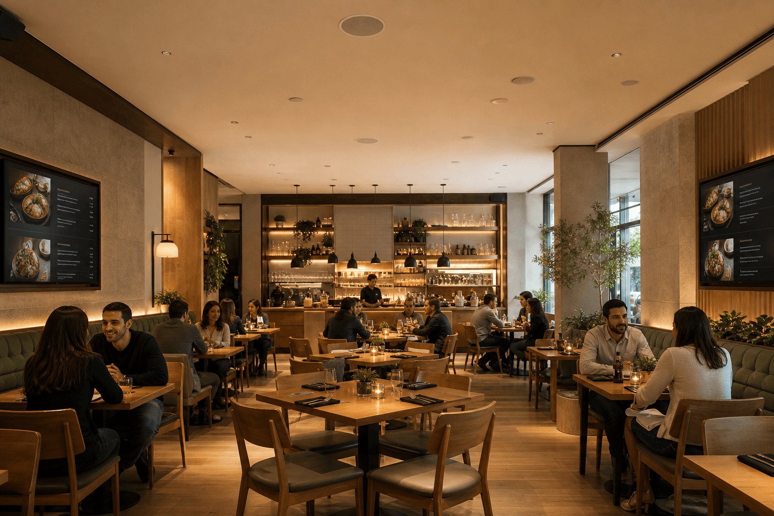 Main restaurant hall with integrated sound and screens