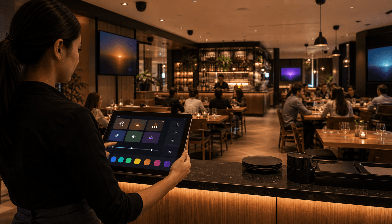 Restaurant staff control panel for multimedia scenarios
