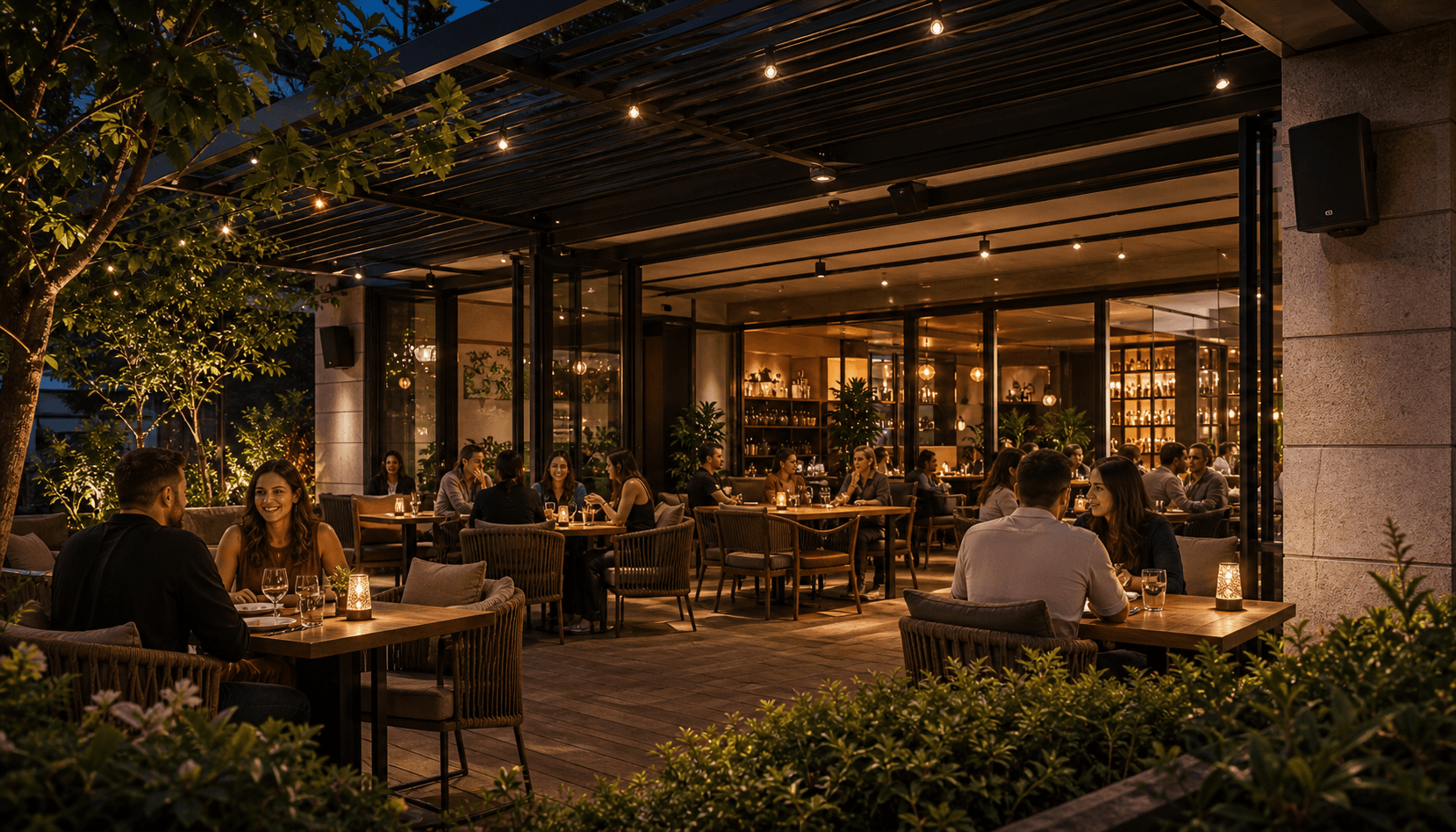 Summer restaurant terrace with discreet outdoor sound