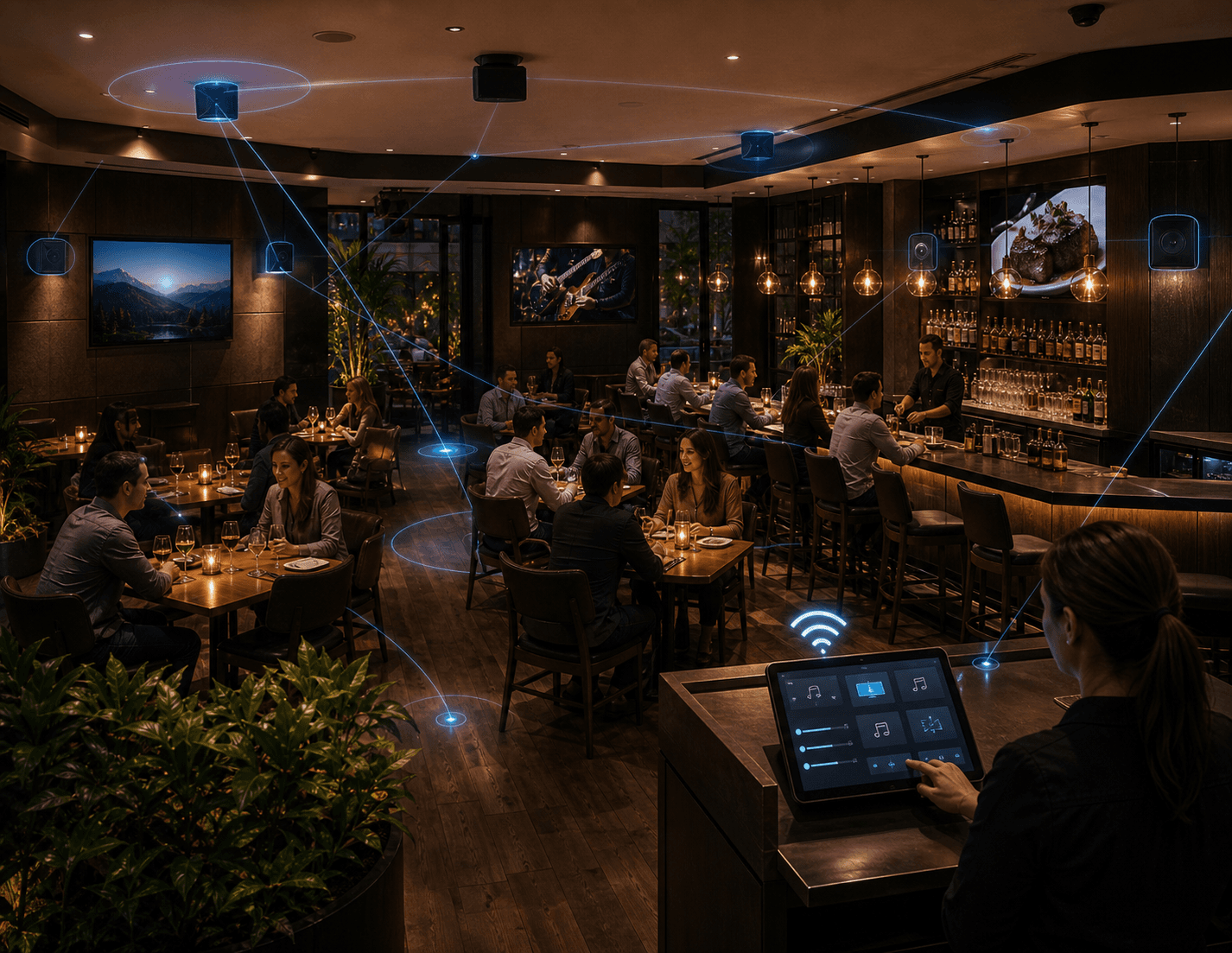 Restaurant multimedia workflow connecting hall bar screens sound and control