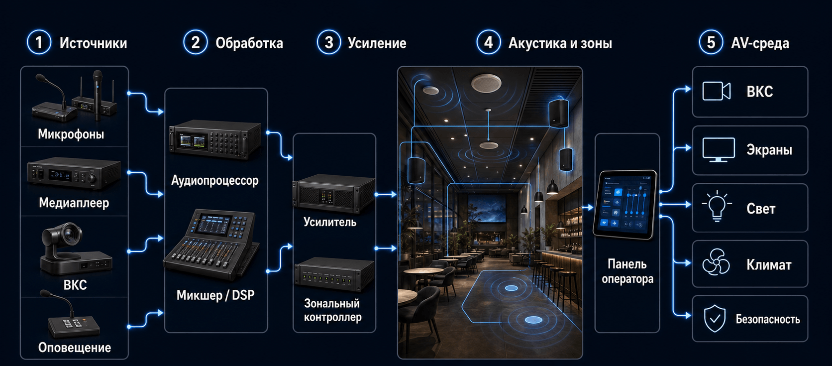 Схема интеграции системы звукоусиления в AV-среду: источники, обработка, усиление, акустика и зоны, управление и смежные системы.