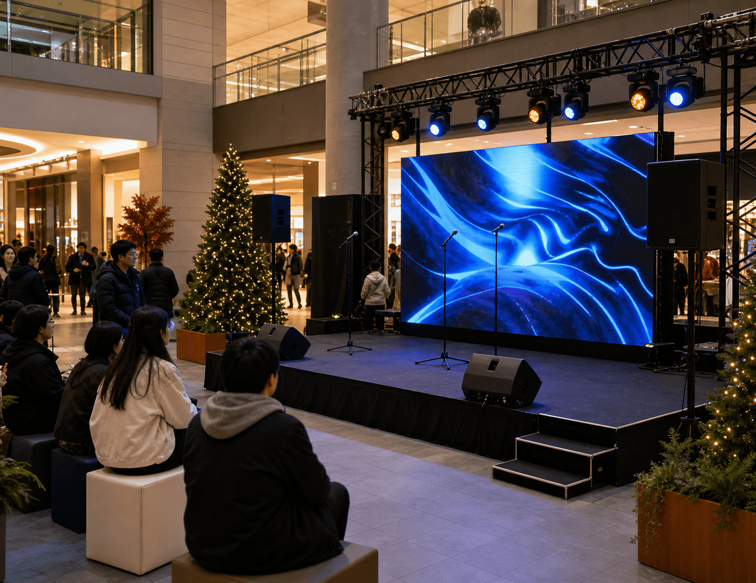 Event-зона торгового центра со сценой, LED-экраном, микрофонами и посетителями