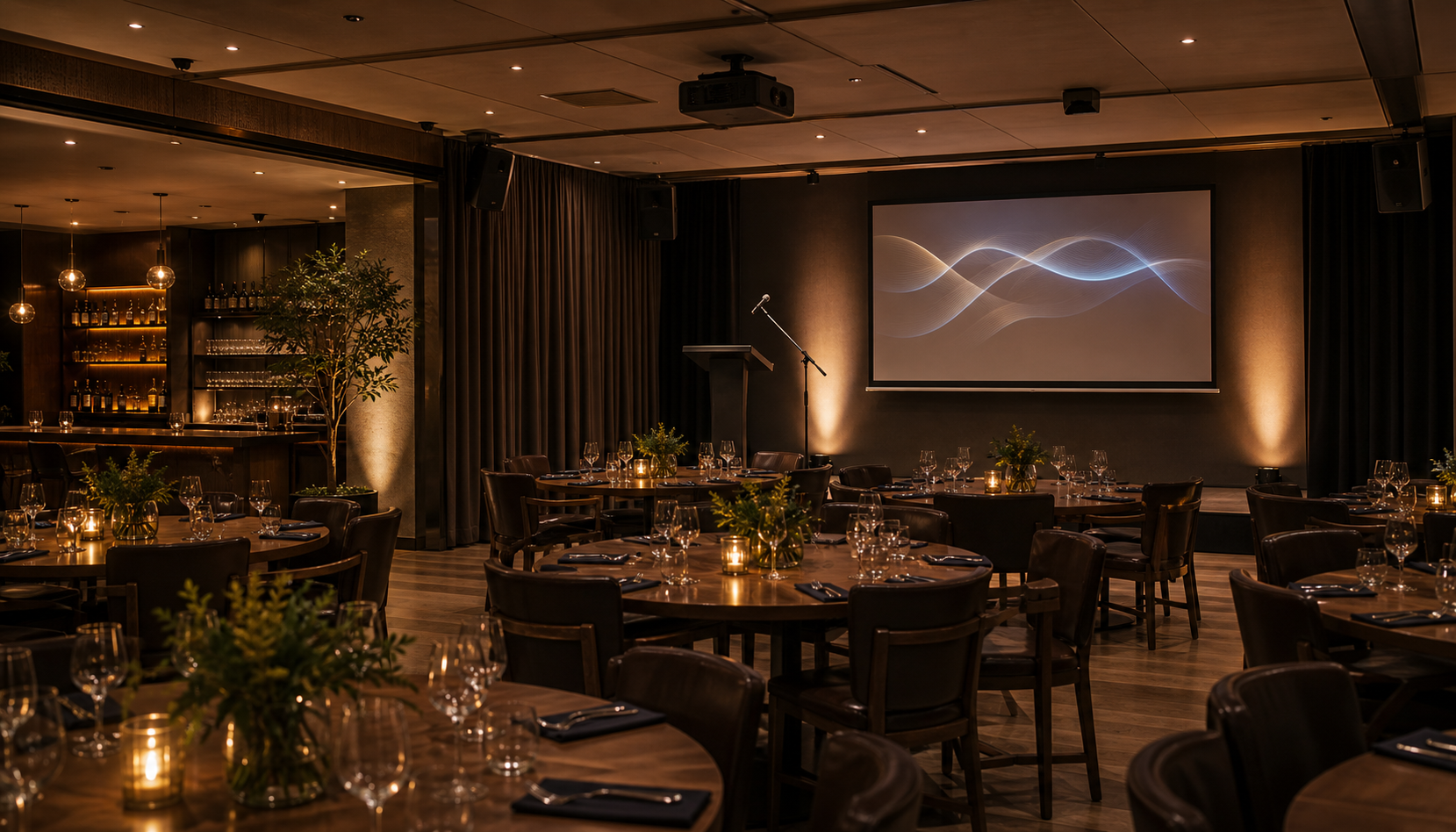 Restaurant banquet setup with presentation screen and microphone