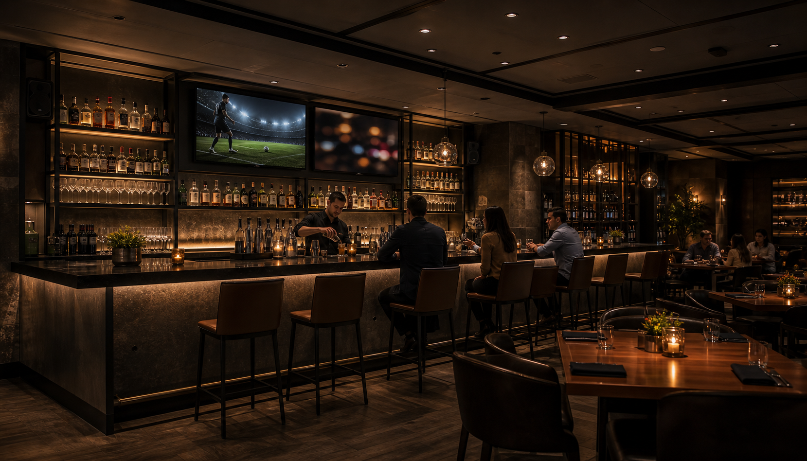 Restaurant bar zone with integrated screens and sound