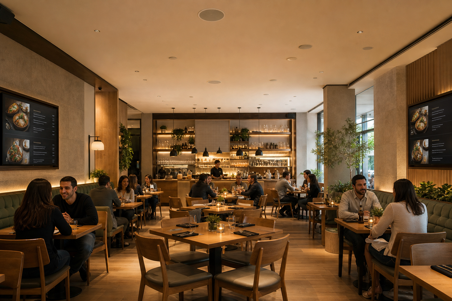 Main restaurant hall with integrated sound and screens