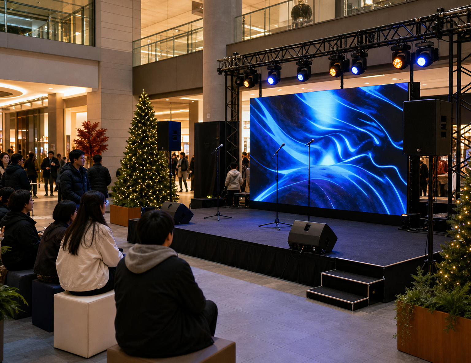 Event-зона торгового центра со сценой, LED-экраном, микрофонами и посетителями